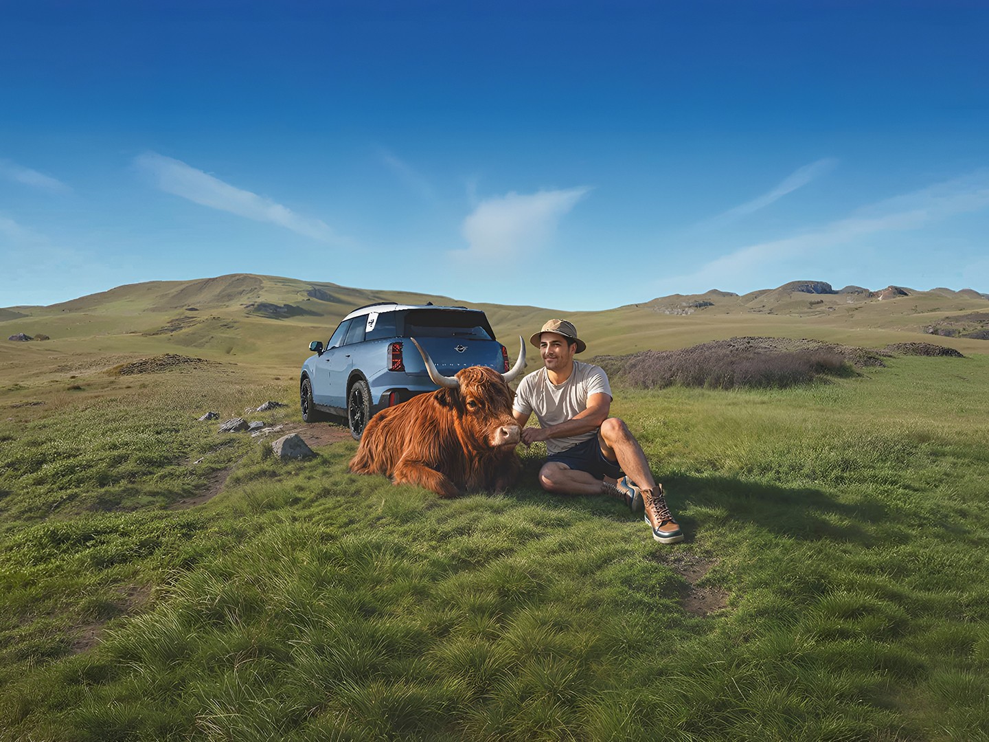 Man outside his MINI Countryman S talking to MINI Roadside Assistance via the MINI App with a  Highland Bull lying nearby.
